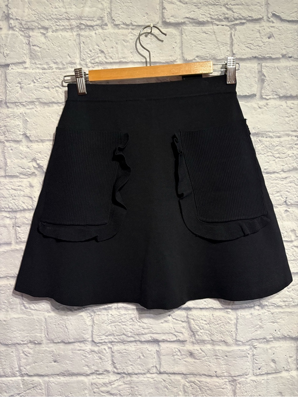 Sandro Paris Black A-Line Skirt with Ruffle-Trim Pockets Size 1